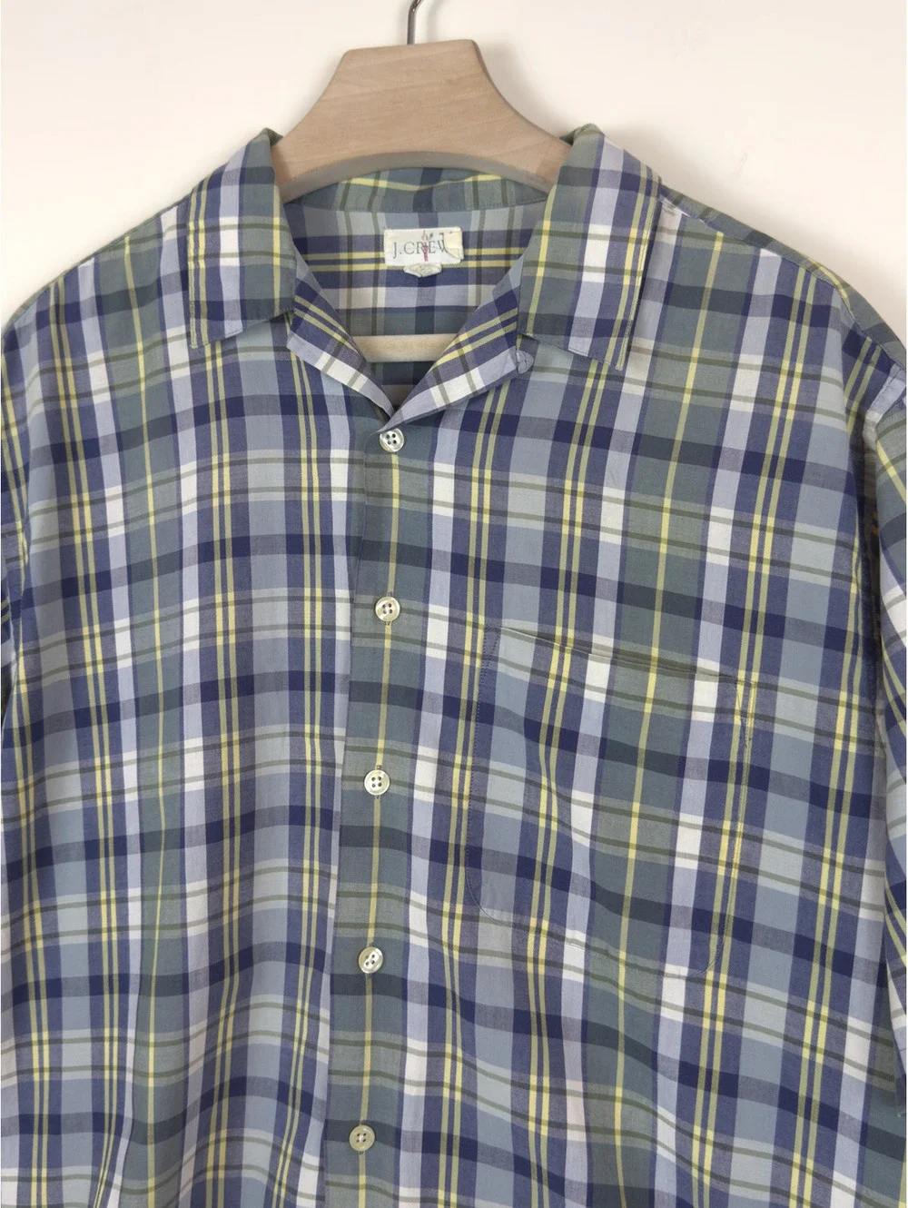 Vintage J.Crew Men’s M Plaid Short Sleeve Cotton Camp Shirt Blue Green 90s